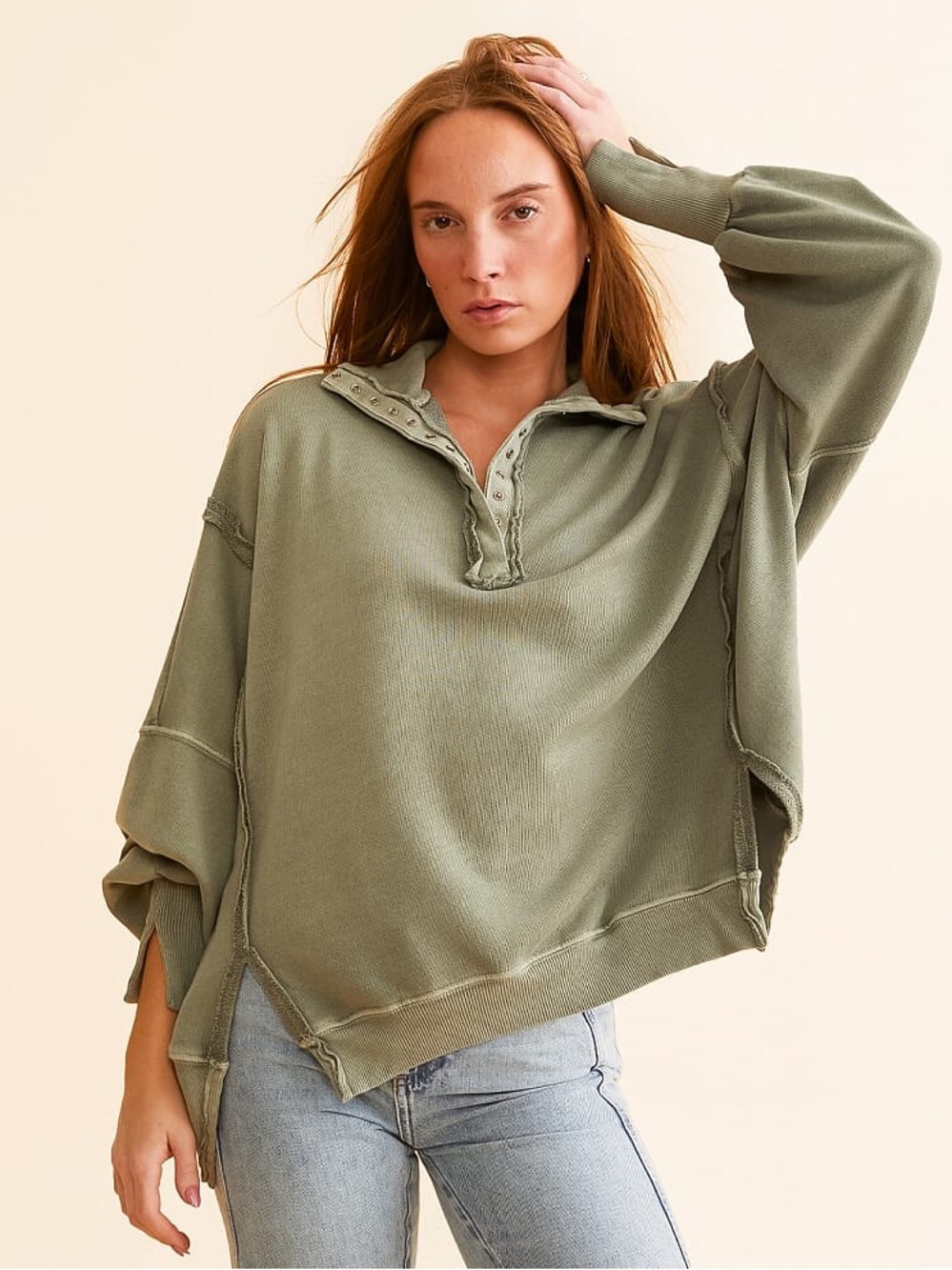 We the Free Camden Oversized Henley In Laurel Oak Green